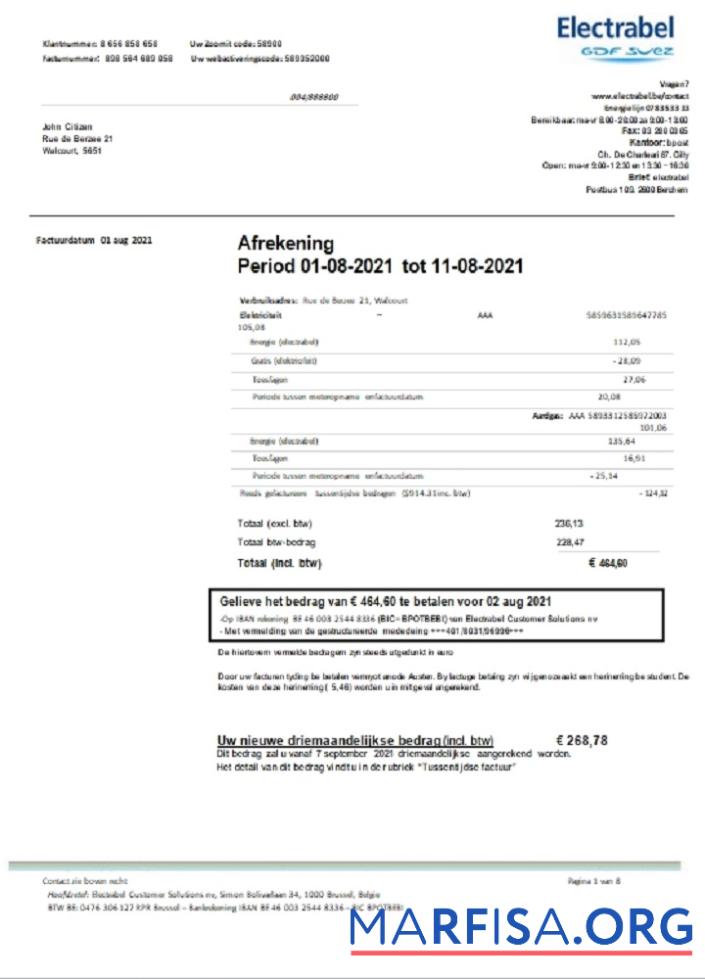 Downloadable Belgium Electrabel electricity utility bill template, fully editable in Word and PDF format